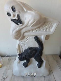 Tombeau de chat fantôme vintage en moule soufflé RARE décoration de jardin d'Halloween rare avec drainage
