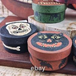 VTG Art Populaire Halloween Bethany Lowe Boîte & 7 Petites Boîtes Peintes à la Main RARES HTF