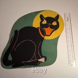 VTG Beistle Carte en Papier Découpée Jaune Lune Chat Noir Décoration d'Halloween RARE
