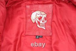 Veste de motard en cuir rouge épais rare, vintage, avec capuche à motif de crâne squelette pour Halloween.