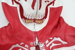 Veste de motard en cuir rouge épais rare, vintage, avec capuche à motif de crâne squelette pour Halloween.