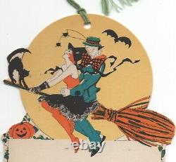 Vintage Halloween Tally Card Rare Witch Couple Broom Pumpkin Black Cat Bat Rare