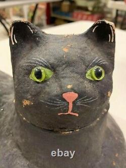 Vintage Rare Halloween Paper Mache Black Cat Glass Eyes Candy Container Jack O L