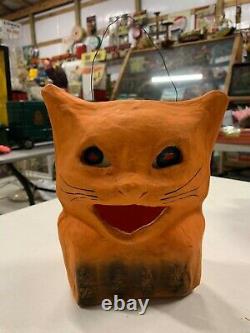 Vintage Rare Halloween Paper Mache Orange Cat Candy Jack O Lantern With Insert