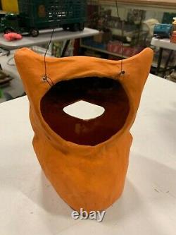 Vintage Rare Halloween Paper Mache Orange Cat Candy Jack O Lantern With Insert