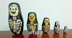 Vintage Skeleton En Bois Nesting Doll Halloween Rare Peint À La Main Ensemble De 5