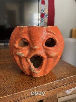 Visage en papier mâché antique Halloween double face rare citrouille Jack-O-lantern #1