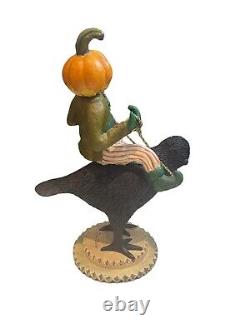 Vol de nuit unique et rare pour Halloween par Paul Gordon - Pumpkinman chevauchant un corbeau Vtg