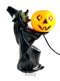 Vtg Halloween RARE Sorcière en soufflage noir et vert avec lumière citrouille