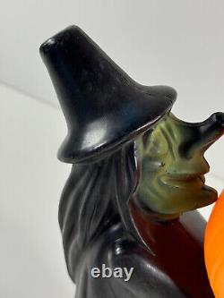 Vtg Halloween RARE Sorcière en soufflage noir et vert avec lumière citrouille