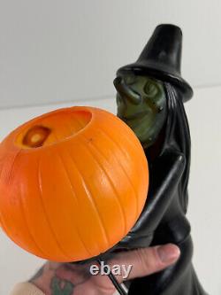 Vtg Halloween RARE Sorcière en soufflage noir et vert avec lumière citrouille