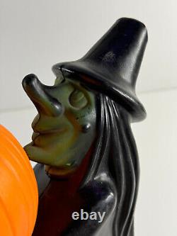 Vtg Halloween RARE Sorcière en soufflage noir et vert avec lumière citrouille