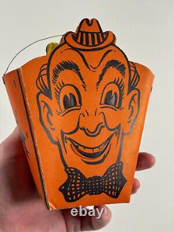 Vtg RARE seau à bonbons lanterne luminaire Halloween des années 1940 WOW découpé