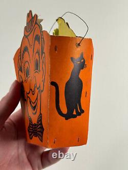 Vtg RARE seau à bonbons lanterne luminaire Halloween des années 1940 WOW découpé