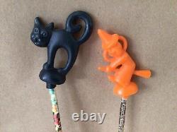 Vtg ROSBRO Tube à Bonbons en Plastique avec Chat Noir et Sorcière Halloween Paille Jouet RARE