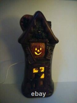 Vtg. Rare Halloween Ceramic Lighted Haunted House Cat Pumpkin Bat Witch 15t Euc