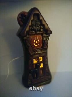 Vtg. Rare Halloween Ceramic Lighted Haunted House Cat Pumpkin Bat Witch 15t Euc
