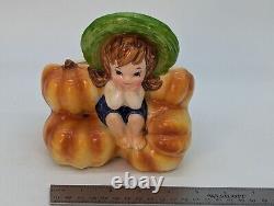 Vtg Relpo Automne Halloween Jardinière Fille Pieds Nus Avec Citrouilles A1991 Rare LIRE Tel Quel